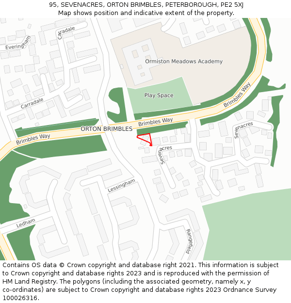 95, SEVENACRES, ORTON BRIMBLES, PETERBOROUGH, PE2 5XJ: Location map and indicative extent of plot