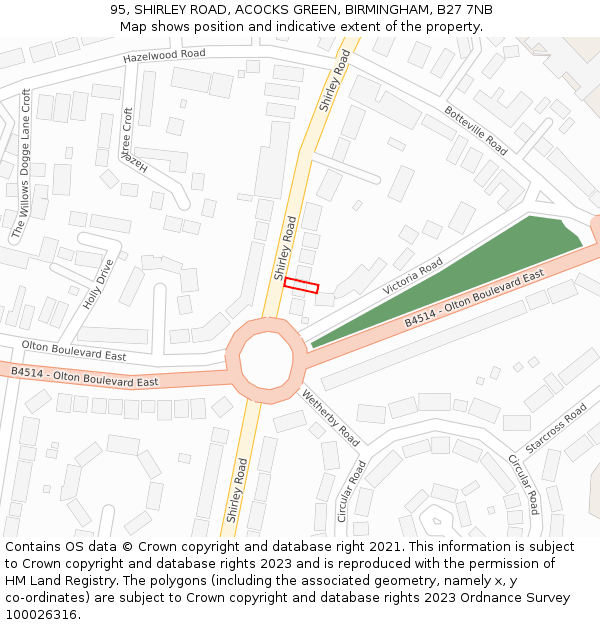 95, SHIRLEY ROAD, ACOCKS GREEN, BIRMINGHAM, B27 7NB: Location map and indicative extent of plot