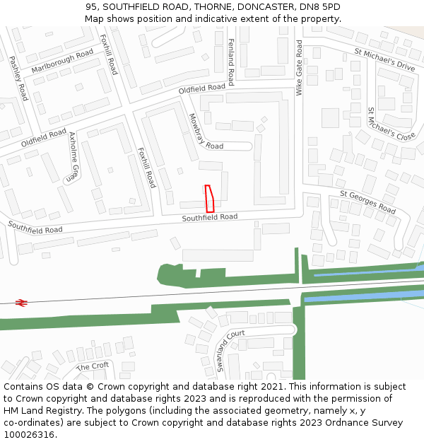 95, SOUTHFIELD ROAD, THORNE, DONCASTER, DN8 5PD: Location map and indicative extent of plot