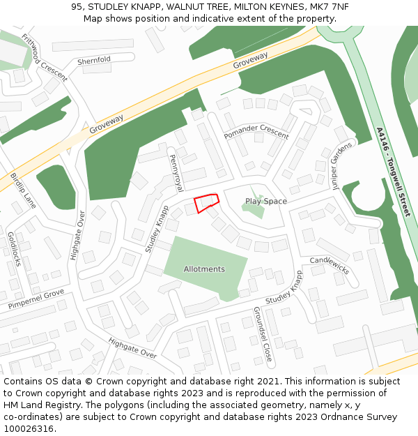 95, STUDLEY KNAPP, WALNUT TREE, MILTON KEYNES, MK7 7NF: Location map and indicative extent of plot