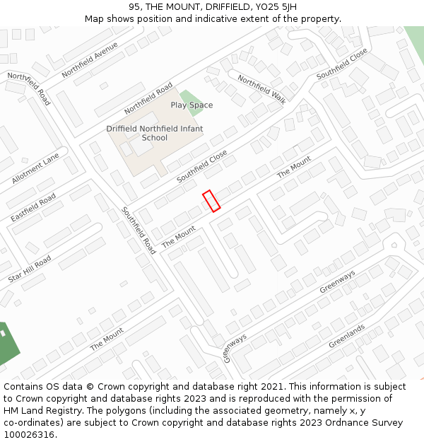 95, THE MOUNT, DRIFFIELD, YO25 5JH: Location map and indicative extent of plot