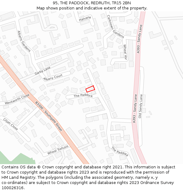 95, THE PADDOCK, REDRUTH, TR15 2BN: Location map and indicative extent of plot