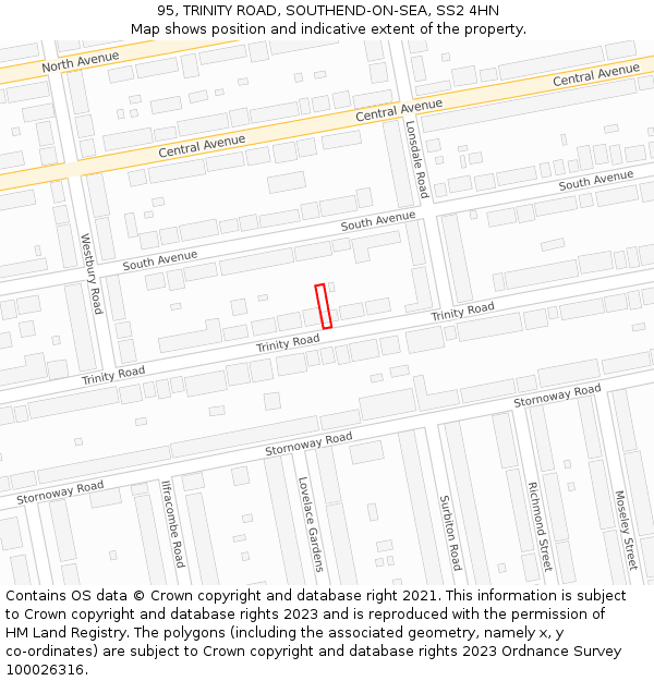 95, TRINITY ROAD, SOUTHEND-ON-SEA, SS2 4HN: Location map and indicative extent of plot