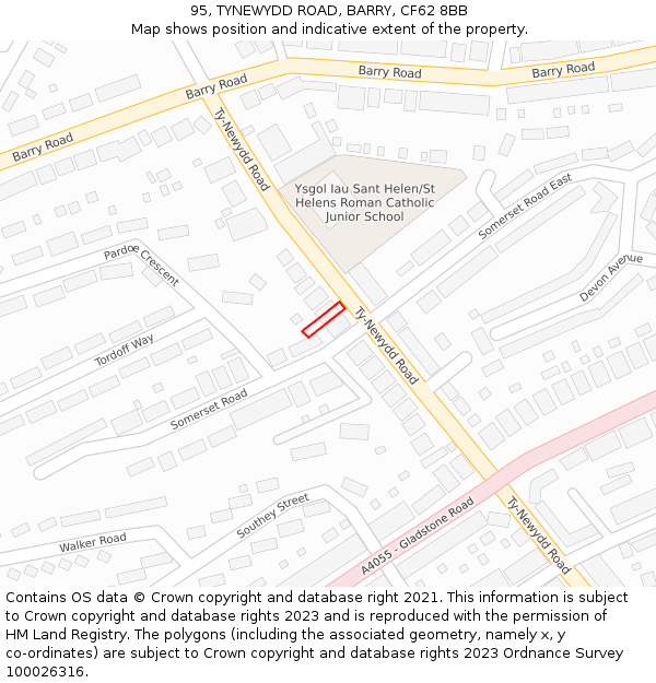 95, TYNEWYDD ROAD, BARRY, CF62 8BB: Location map and indicative extent of plot