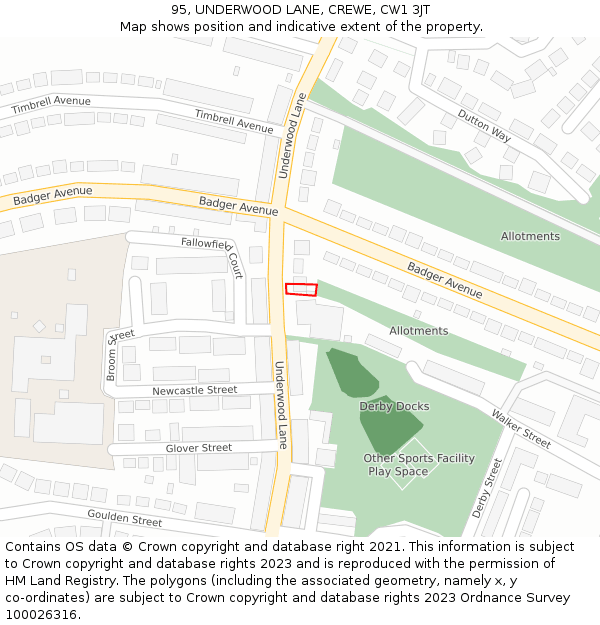 95, UNDERWOOD LANE, CREWE, CW1 3JT: Location map and indicative extent of plot