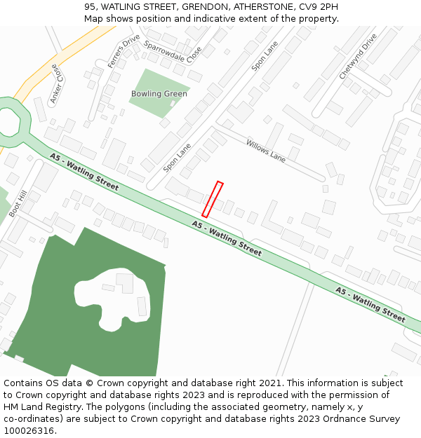 95, WATLING STREET, GRENDON, ATHERSTONE, CV9 2PH: Location map and indicative extent of plot