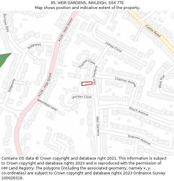 95, WEIR GARDENS, RAYLEIGH, SS6 7TE: Location map and indicative extent of plot