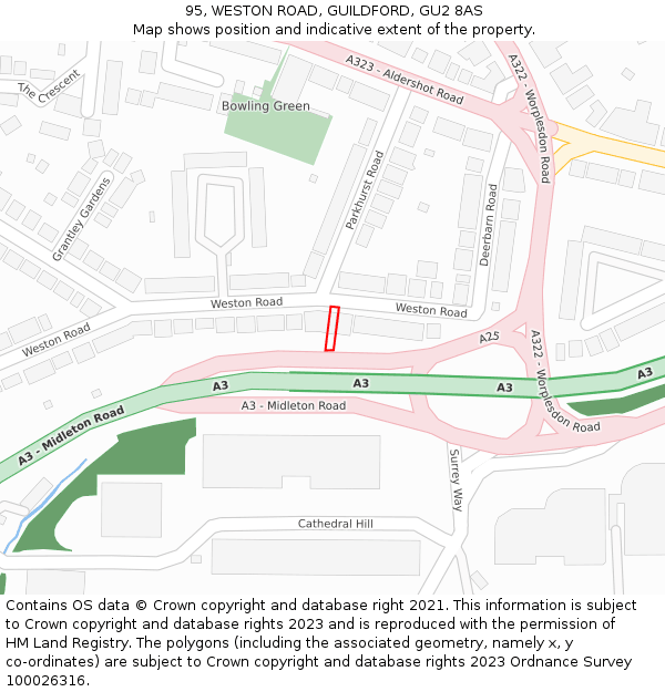 95, WESTON ROAD, GUILDFORD, GU2 8AS: Location map and indicative extent of plot