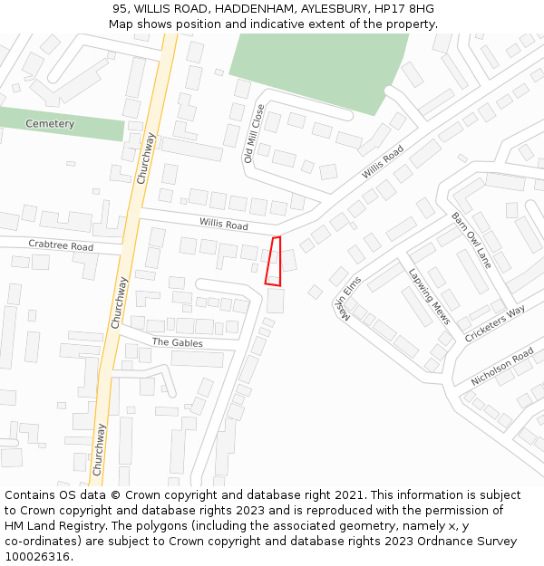 95, WILLIS ROAD, HADDENHAM, AYLESBURY, HP17 8HG: Location map and indicative extent of plot