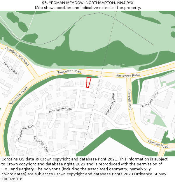 95, YEOMAN MEADOW, NORTHAMPTON, NN4 9YX: Location map and indicative extent of plot