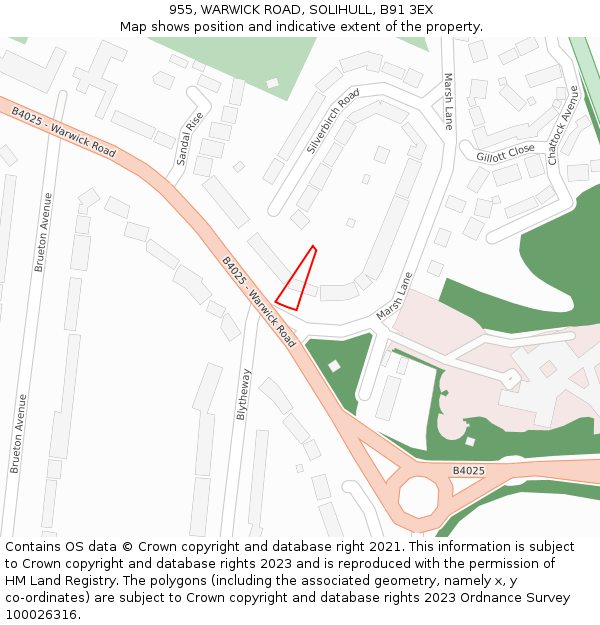 955, WARWICK ROAD, SOLIHULL, B91 3EX: Location map and indicative extent of plot