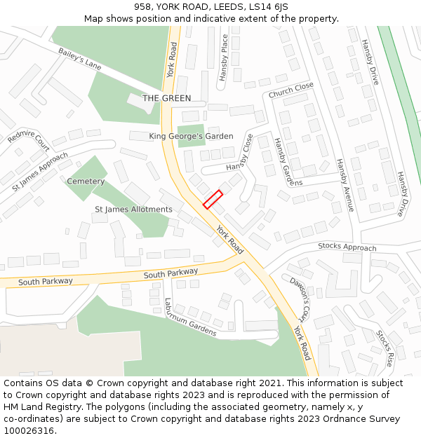 958, YORK ROAD, LEEDS, LS14 6JS: Location map and indicative extent of plot