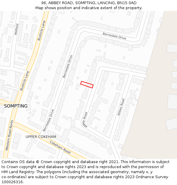 96, ABBEY ROAD, SOMPTING, LANCING, BN15 0AD: Location map and indicative extent of plot