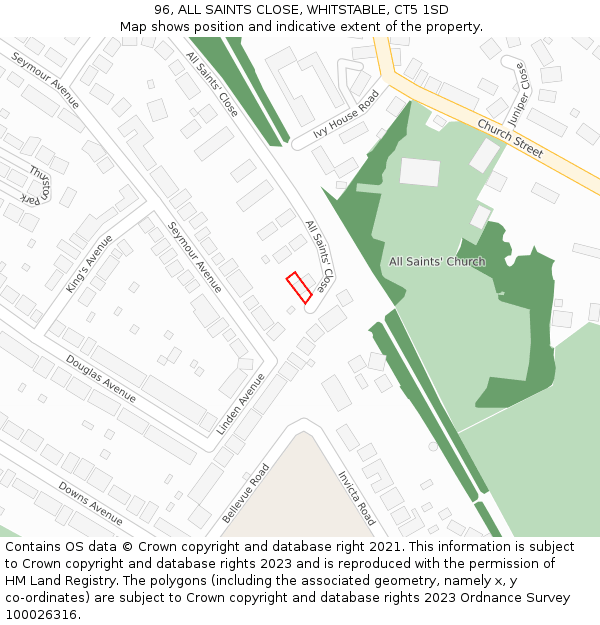 96, ALL SAINTS CLOSE, WHITSTABLE, CT5 1SD: Location map and indicative extent of plot