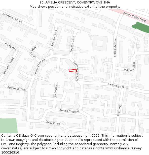 96, AMELIA CRESCENT, COVENTRY, CV3 1NA: Location map and indicative extent of plot