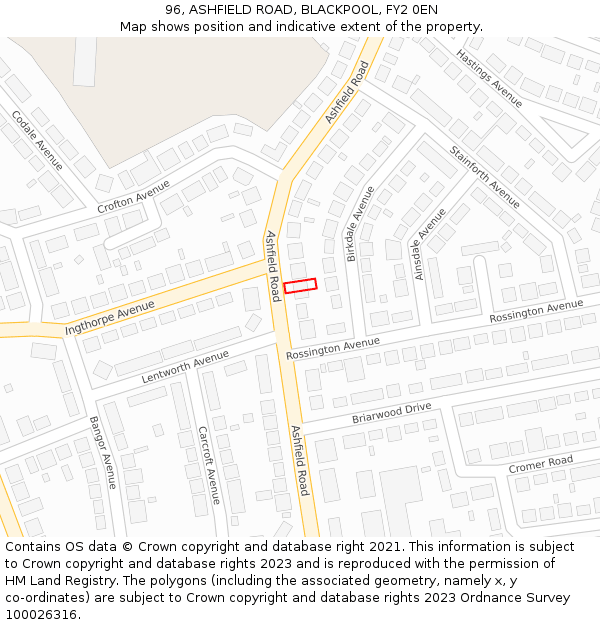 96, ASHFIELD ROAD, BLACKPOOL, FY2 0EN: Location map and indicative extent of plot