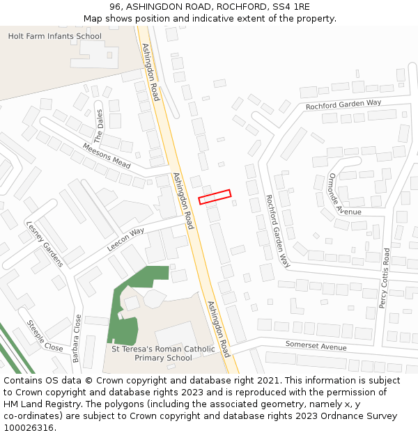 96, ASHINGDON ROAD, ROCHFORD, SS4 1RE: Location map and indicative extent of plot