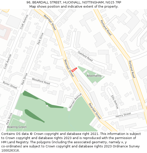 96, BEARDALL STREET, HUCKNALL, NOTTINGHAM, NG15 7RP: Location map and indicative extent of plot