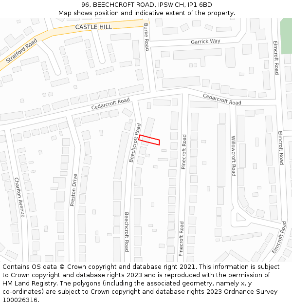 96, BEECHCROFT ROAD, IPSWICH, IP1 6BD: Location map and indicative extent of plot