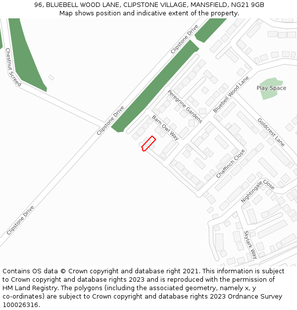 96, BLUEBELL WOOD LANE, CLIPSTONE VILLAGE, MANSFIELD, NG21 9GB: Location map and indicative extent of plot