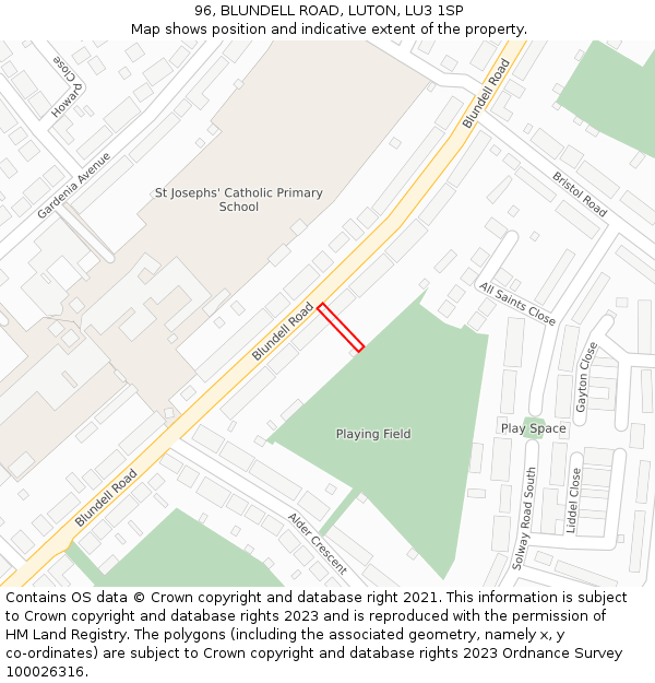96, BLUNDELL ROAD, LUTON, LU3 1SP: Location map and indicative extent of plot