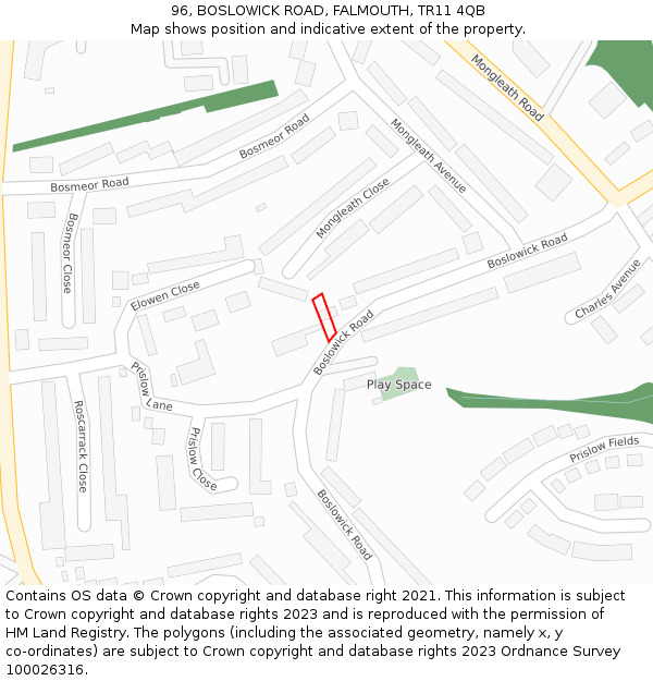 96, BOSLOWICK ROAD, FALMOUTH, TR11 4QB: Location map and indicative extent of plot