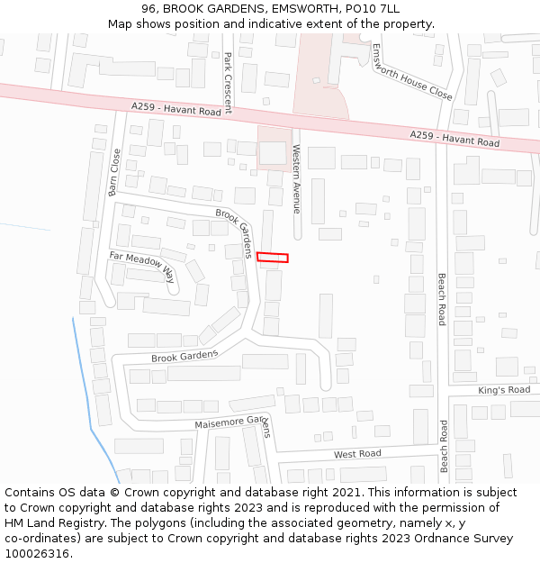 96, BROOK GARDENS, EMSWORTH, PO10 7LL: Location map and indicative extent of plot