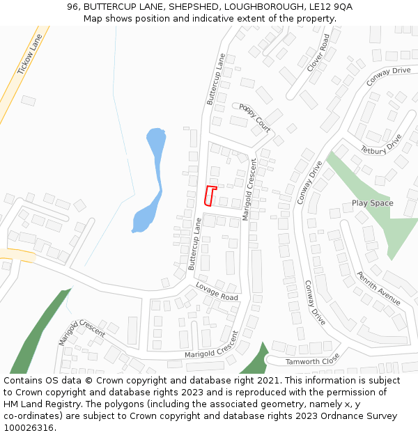 96, BUTTERCUP LANE, SHEPSHED, LOUGHBOROUGH, LE12 9QA: Location map and indicative extent of plot