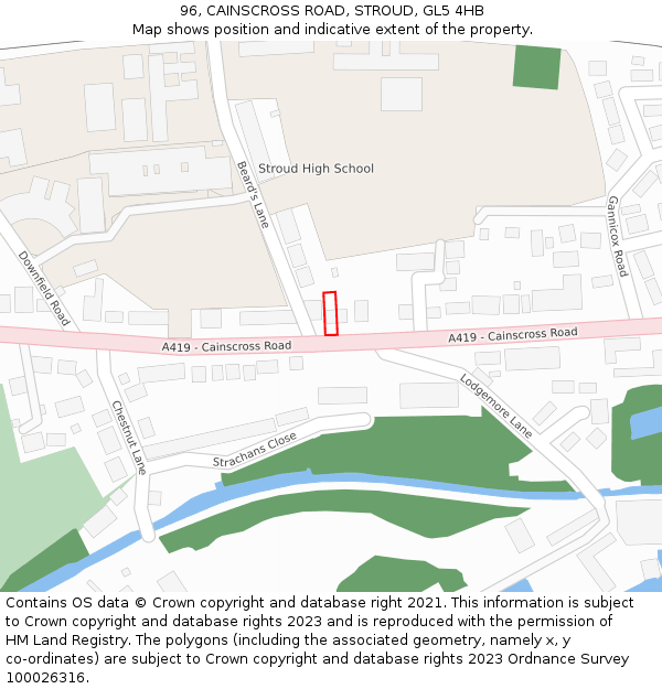 96, CAINSCROSS ROAD, STROUD, GL5 4HB: Location map and indicative extent of plot