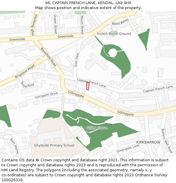 96, CAPTAIN FRENCH LANE, KENDAL, LA9 4HX: Location map and indicative extent of plot