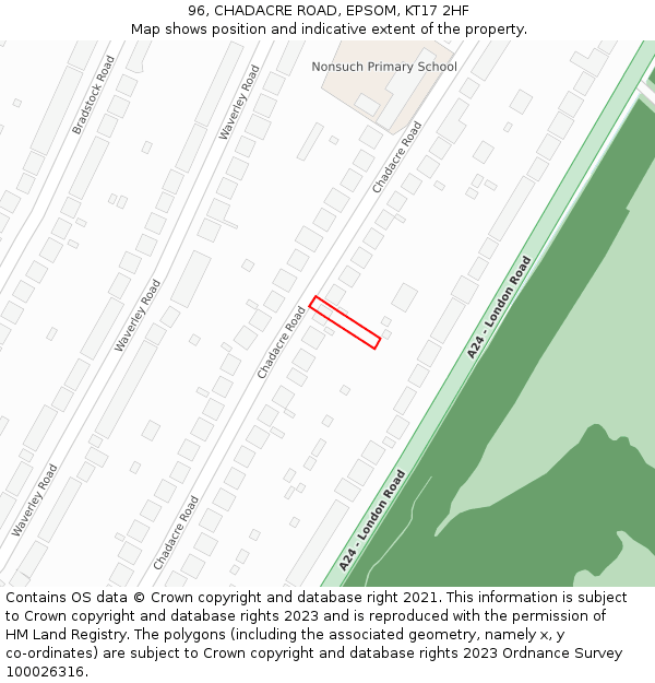 96, CHADACRE ROAD, EPSOM, KT17 2HF: Location map and indicative extent of plot