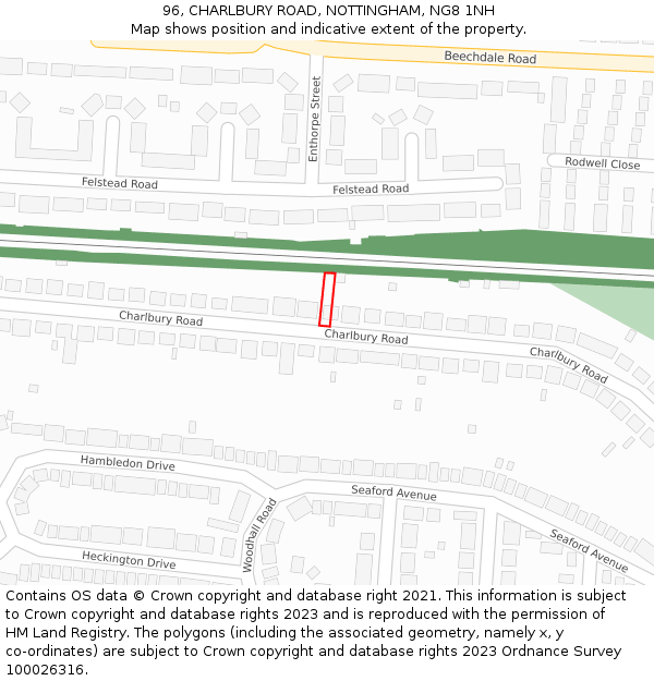 96, CHARLBURY ROAD, NOTTINGHAM, NG8 1NH: Location map and indicative extent of plot