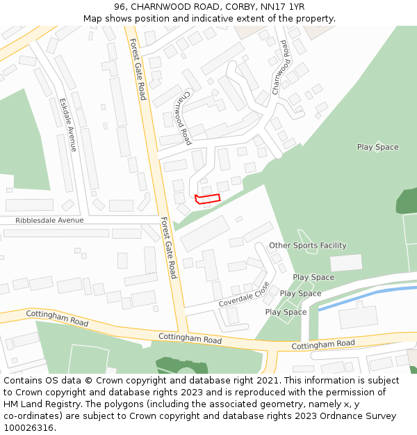 96, CHARNWOOD ROAD, CORBY, NN17 1YR: Location map and indicative extent of plot