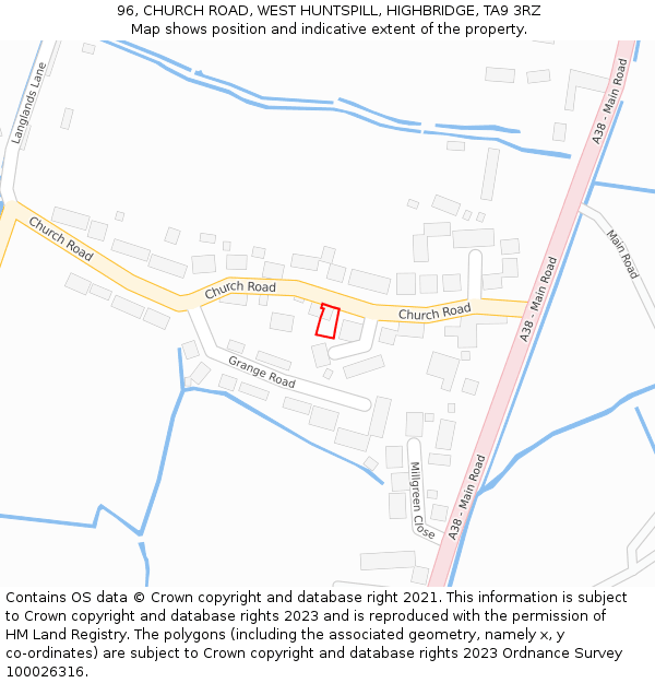 96, CHURCH ROAD, WEST HUNTSPILL, HIGHBRIDGE, TA9 3RZ: Location map and indicative extent of plot