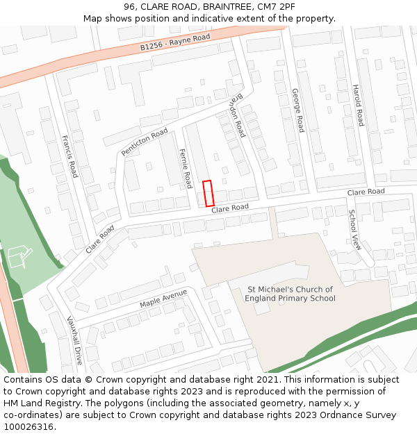96, CLARE ROAD, BRAINTREE, CM7 2PF: Location map and indicative extent of plot