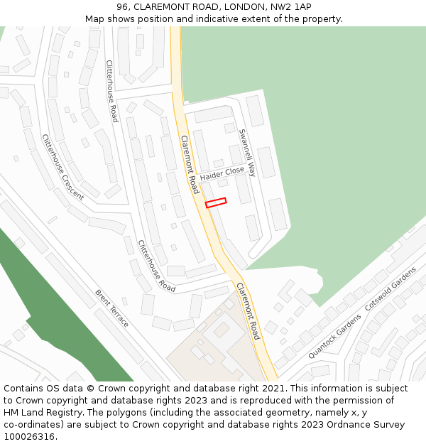 96, CLAREMONT ROAD, LONDON, NW2 1AP: Location map and indicative extent of plot