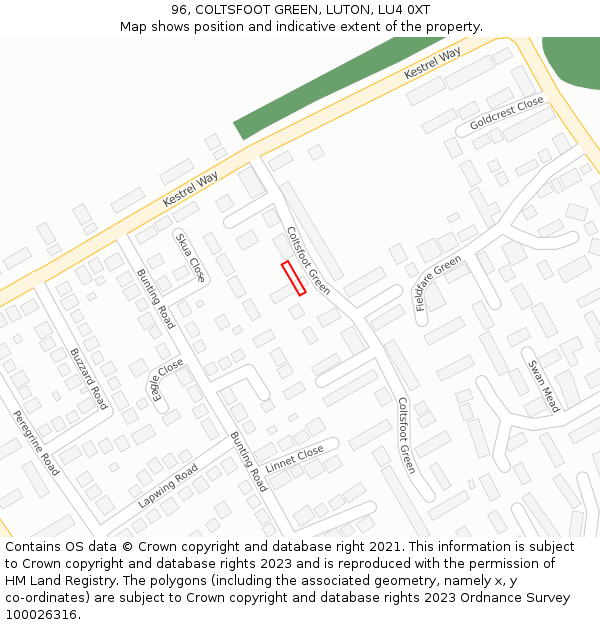 96, COLTSFOOT GREEN, LUTON, LU4 0XT: Location map and indicative extent of plot