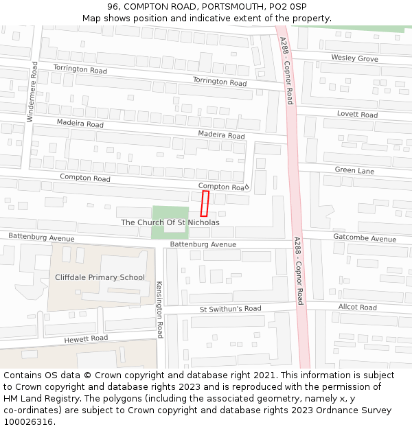 96, COMPTON ROAD, PORTSMOUTH, PO2 0SP: Location map and indicative extent of plot