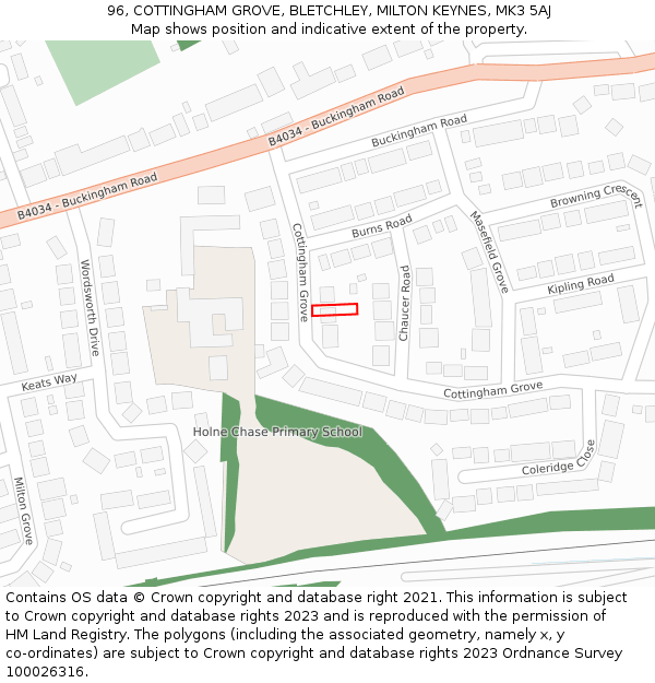 96, COTTINGHAM GROVE, BLETCHLEY, MILTON KEYNES, MK3 5AJ: Location map and indicative extent of plot
