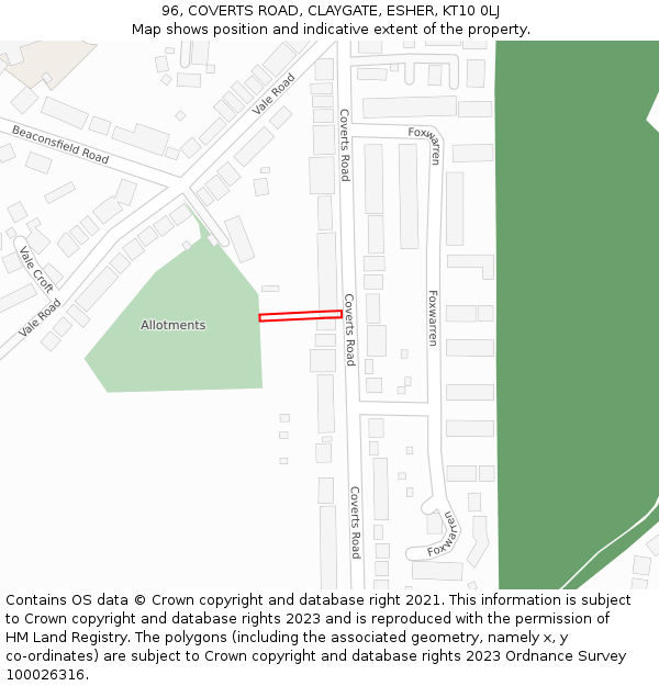 96, COVERTS ROAD, CLAYGATE, ESHER, KT10 0LJ: Location map and indicative extent of plot