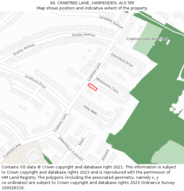 96, CRABTREE LANE, HARPENDEN, AL5 5RF: Location map and indicative extent of plot