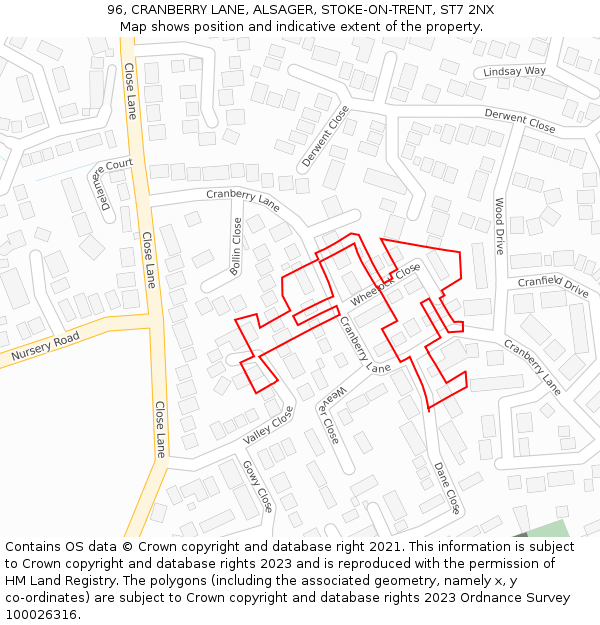 96, CRANBERRY LANE, ALSAGER, STOKE-ON-TRENT, ST7 2NX: Location map and indicative extent of plot