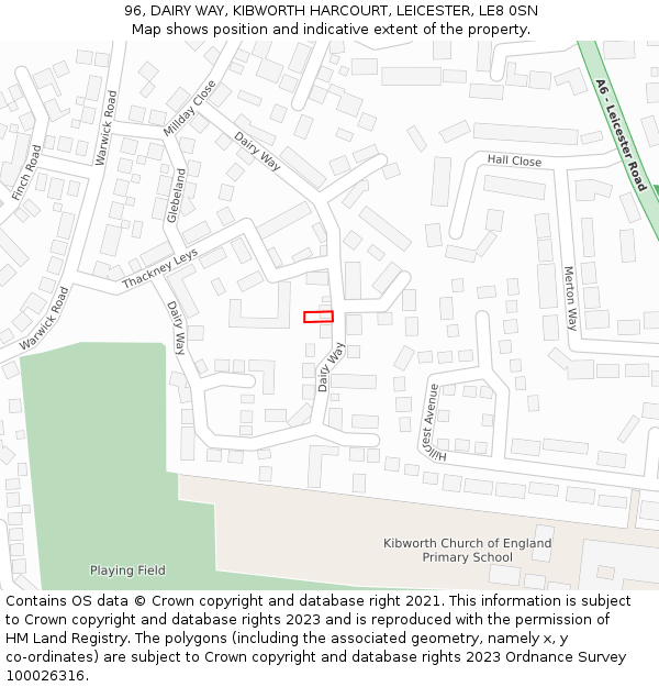 96, DAIRY WAY, KIBWORTH HARCOURT, LEICESTER, LE8 0SN: Location map and indicative extent of plot