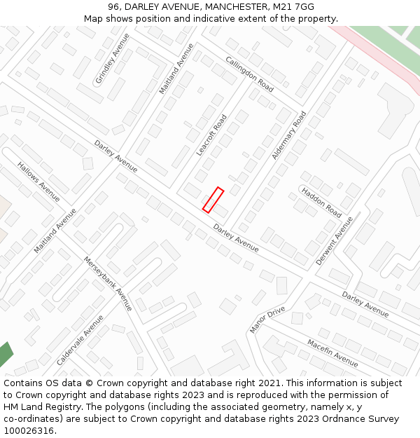 96, DARLEY AVENUE, MANCHESTER, M21 7GG: Location map and indicative extent of plot