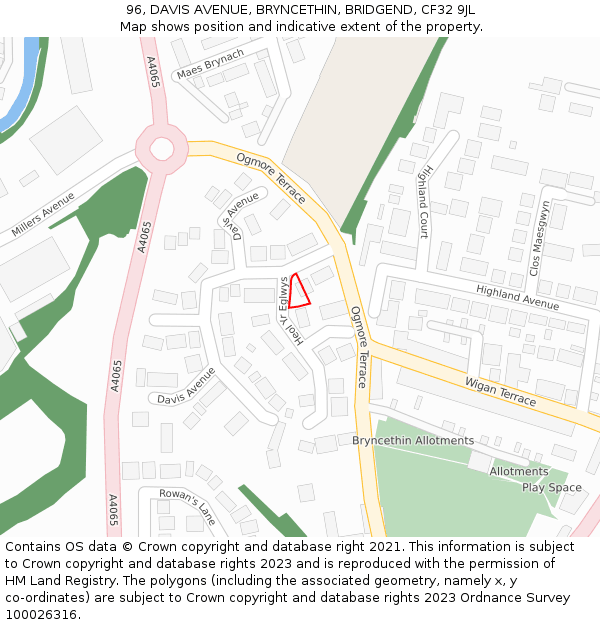 96, DAVIS AVENUE, BRYNCETHIN, BRIDGEND, CF32 9JL: Location map and indicative extent of plot