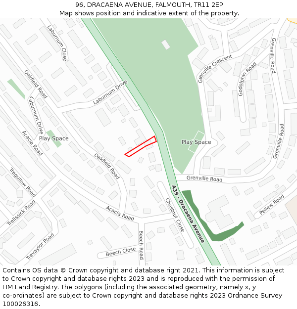 96, DRACAENA AVENUE, FALMOUTH, TR11 2EP: Location map and indicative extent of plot