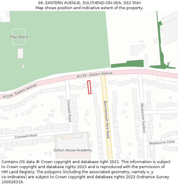 96, EASTERN AVENUE, SOUTHEND-ON-SEA, SS2 5NH: Location map and indicative extent of plot