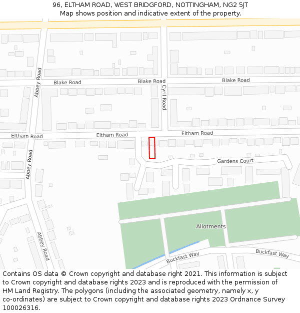 96, ELTHAM ROAD, WEST BRIDGFORD, NOTTINGHAM, NG2 5JT: Location map and indicative extent of plot