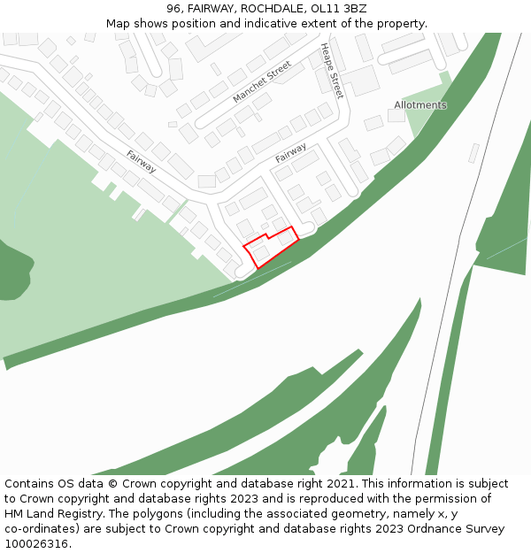 96, FAIRWAY, ROCHDALE, OL11 3BZ: Location map and indicative extent of plot