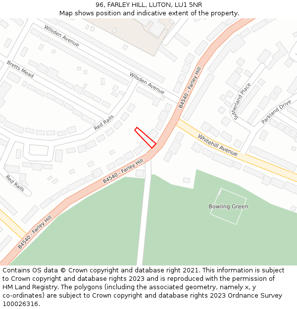 96, FARLEY HILL, LUTON, LU1 5NR: Location map and indicative extent of plot